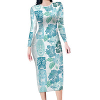 Christmas Aloha Hawaii Tiki Family Matching Long Sleeve Bodycon Dress and Hawaiian Shirt Hibiscus Summer Colors LT7 Mom's Dress Turquoise - Polynesian Pride