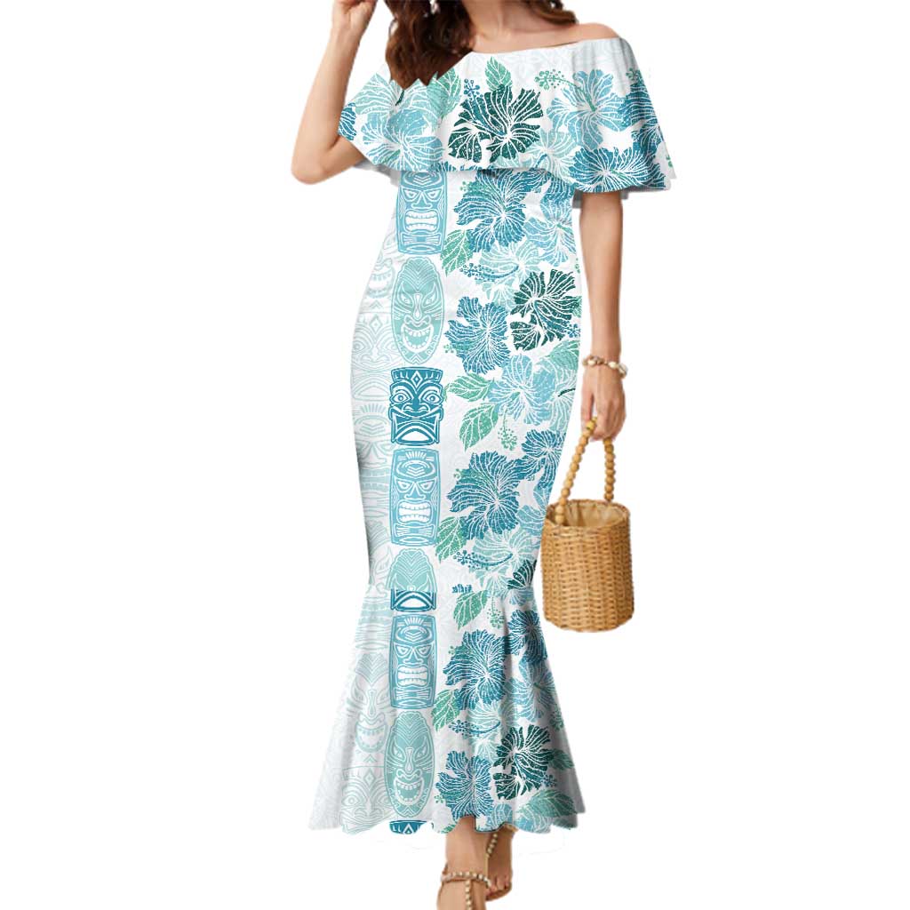 Christmas Aloha Hawaii Tiki Family Matching Mermaid Dress and Hawaiian Shirt Hibiscus Summer Colors LT7 Mom's Dress Turquoise - Polynesian Pride