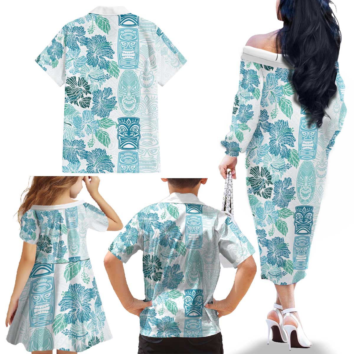 Christmas Aloha Hawaii Tiki Family Matching Off The Shoulder Long Sleeve Dress and Hawaiian Shirt Hibiscus Summer Colors LT7 - Polynesian Pride