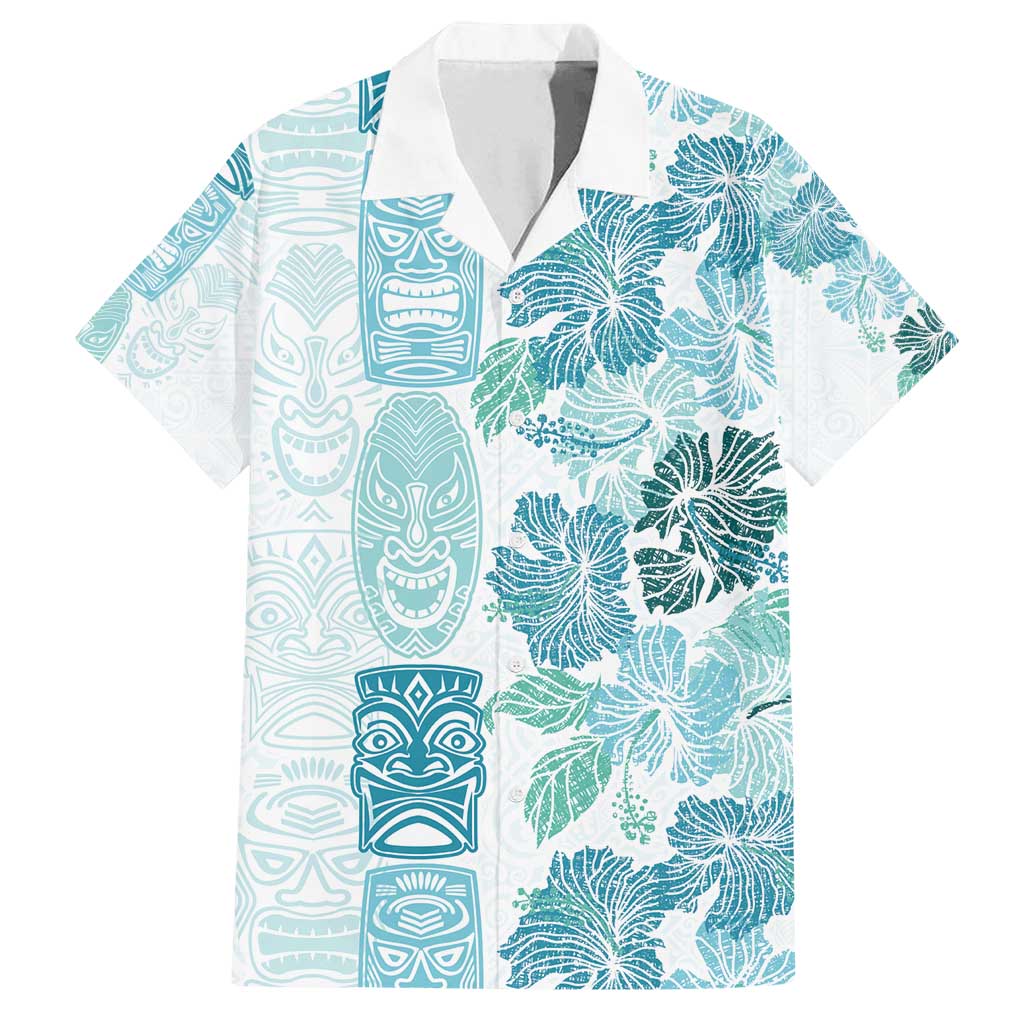 Christmas Aloha Hawaii Tiki Family Matching Off Shoulder Maxi Dress and Hawaiian Shirt Hibiscus Summer Colors LT7 Dad's Shirt - Short Sleeve Turquoise - Polynesian Pride