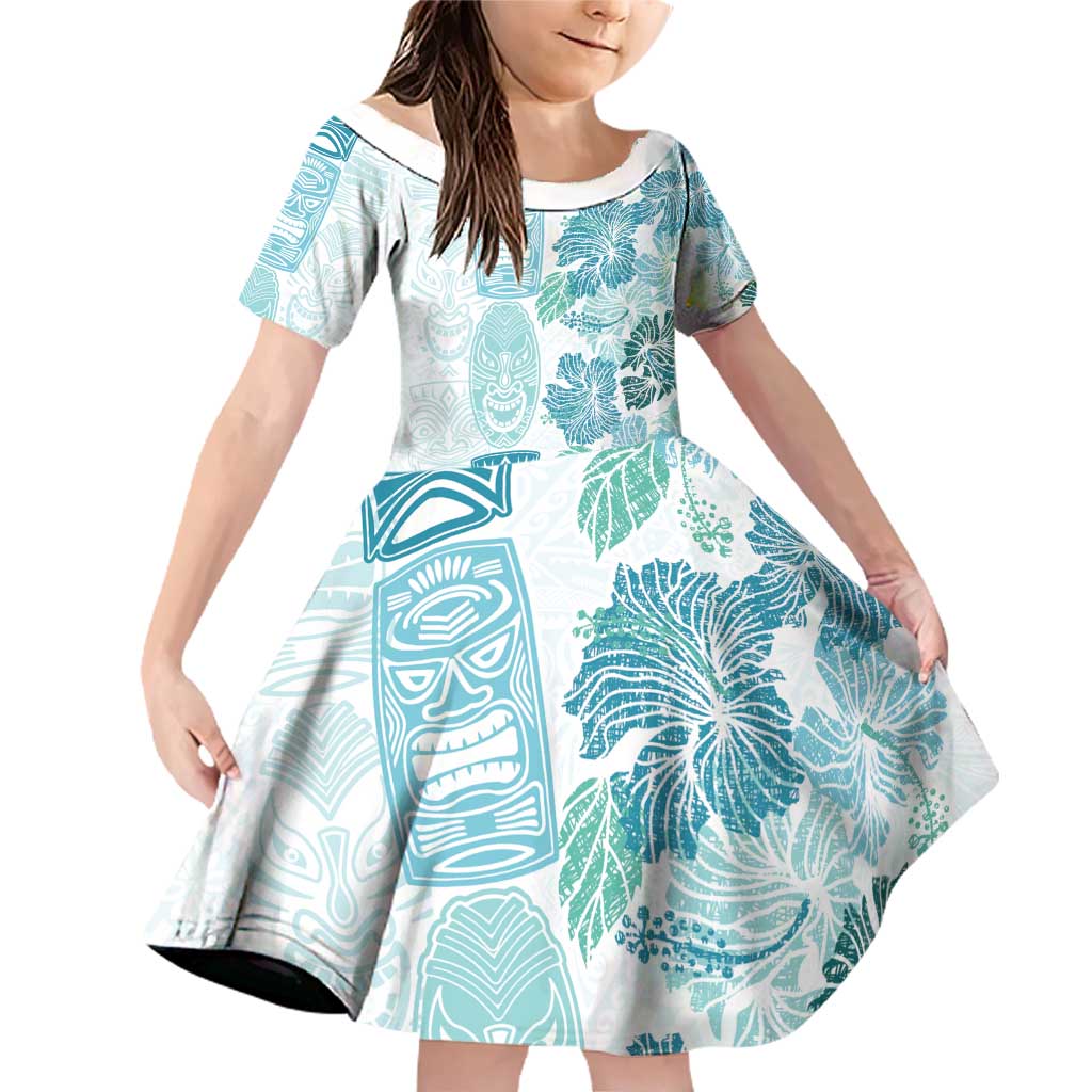 Christmas Aloha Hawaii Tiki Family Matching Off Shoulder Short Dress and Hawaiian Shirt Hibiscus Summer Colors LT7 Daughter's Dress Turquoise - Polynesian Pride