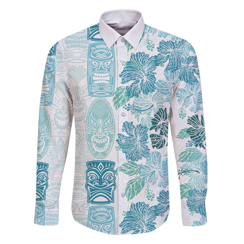 Christmas Aloha Hawaii Tiki Family Matching Short Sleeve Bodycon Dress and Hawaiian Shirt Hibiscus Summer Colors LT7 Dad's Shirt - Long Sleeve Turquoise - Polynesian Pride
