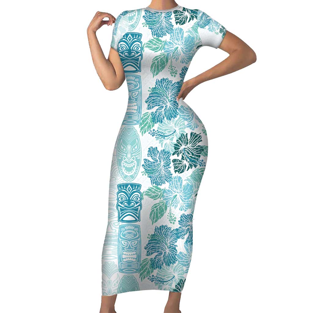Christmas Aloha Hawaii Tiki Family Matching Short Sleeve Bodycon Dress and Hawaiian Shirt Hibiscus Summer Colors LT7 Mom's Dress Turquoise - Polynesian Pride