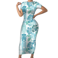 Christmas Aloha Hawaii Tiki Family Matching Short Sleeve Bodycon Dress and Hawaiian Shirt Hibiscus Summer Colors LT7 Mom's Dress Turquoise - Polynesian Pride