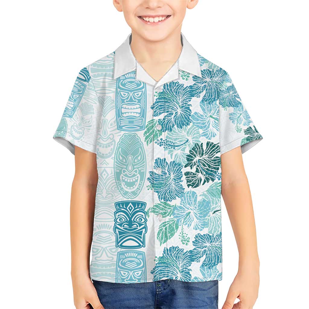 Christmas Aloha Hawaii Tiki Family Matching Short Sleeve Bodycon Dress and Hawaiian Shirt Hibiscus Summer Colors LT7 Son's Shirt Turquoise - Polynesian Pride