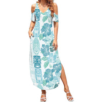 Christmas Aloha Hawaii Tiki Family Matching Summer Maxi Dress and Hawaiian Shirt Hibiscus Summer Colors LT7 Mom's Dress Turquoise - Polynesian Pride