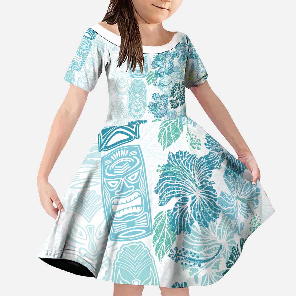 Christmas Aloha Hawaii Tiki Family Matching Tank Maxi Dress and Hawaiian Shirt Hibiscus Summer Colors LT7 Daughter's Dress Turquoise - Polynesian Pride