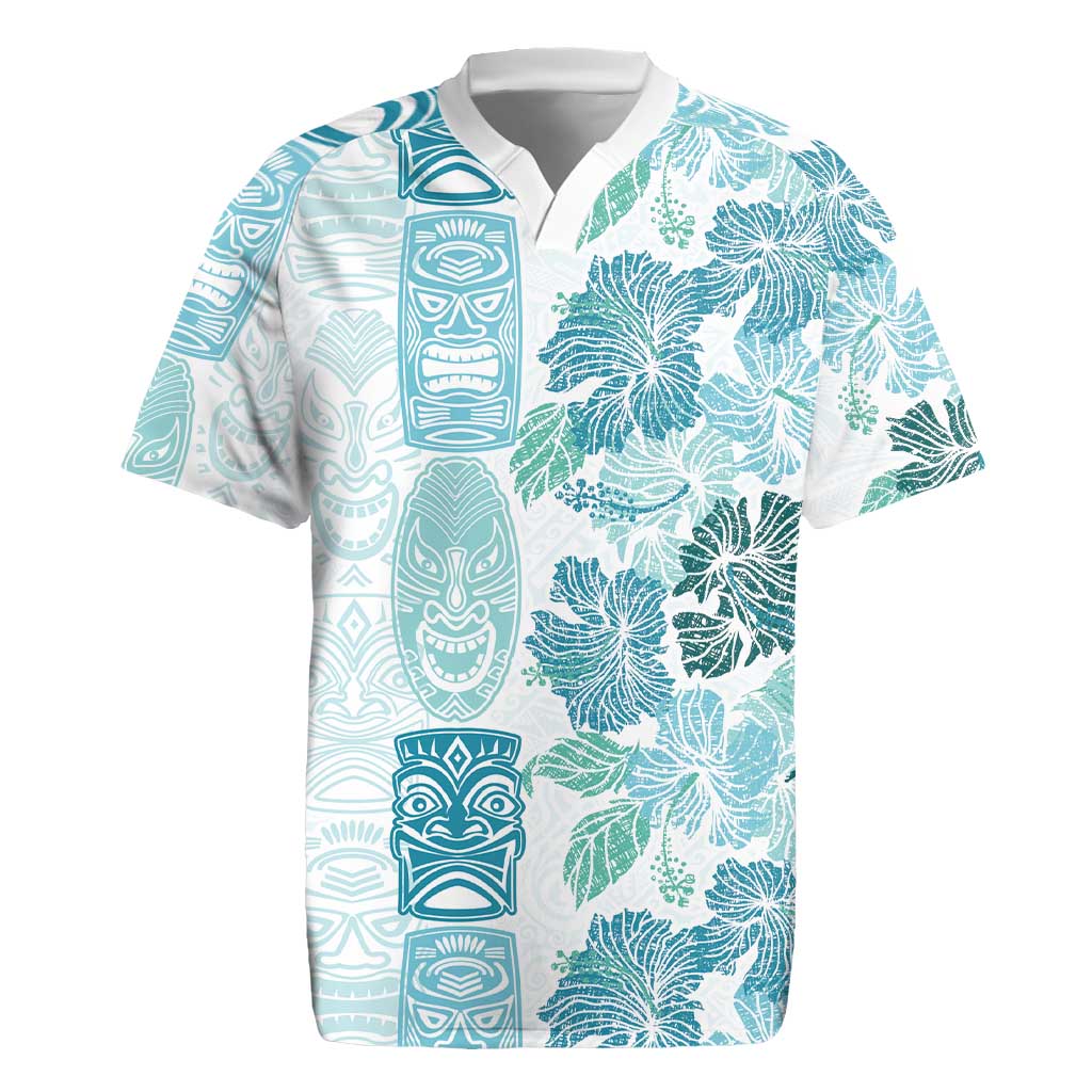 Christmas Aloha Hawaii Tiki Rugby Jersey Hibiscus Summer Colors LT7 Turquoise - Polynesian Pride