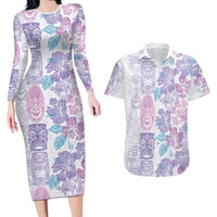 Christmas Aloha Hawaii Tiki Couples Matching Long Sleeve Bodycon Dress and Hawaiian Shirt Hibiscus Winter Colors LT7 Lavender - Polynesian Pride