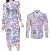 Christmas Aloha Hawaii Tiki Couples Matching Long Sleeve Bodycon Dress and Long Sleeve Button Shirt Hibiscus Winter Colors LT7 Lavender - Polynesian Pride