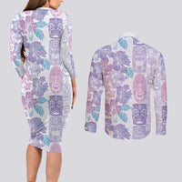 Christmas Aloha Hawaii Tiki Couples Matching Long Sleeve Bodycon Dress and Long Sleeve Button Shirt Hibiscus Winter Colors LT7 - Polynesian Pride