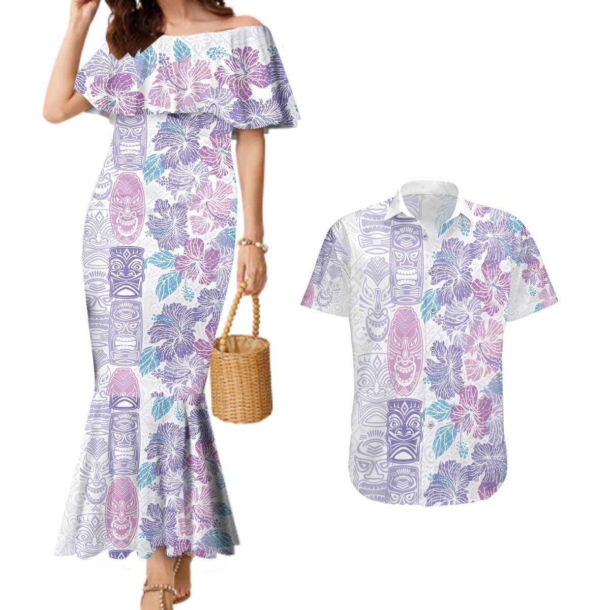 Christmas Aloha Hawaii Tiki Couples Matching Mermaid Dress and Hawaiian Shirt Hibiscus Winter Colors LT7 Lavender - Polynesian Pride