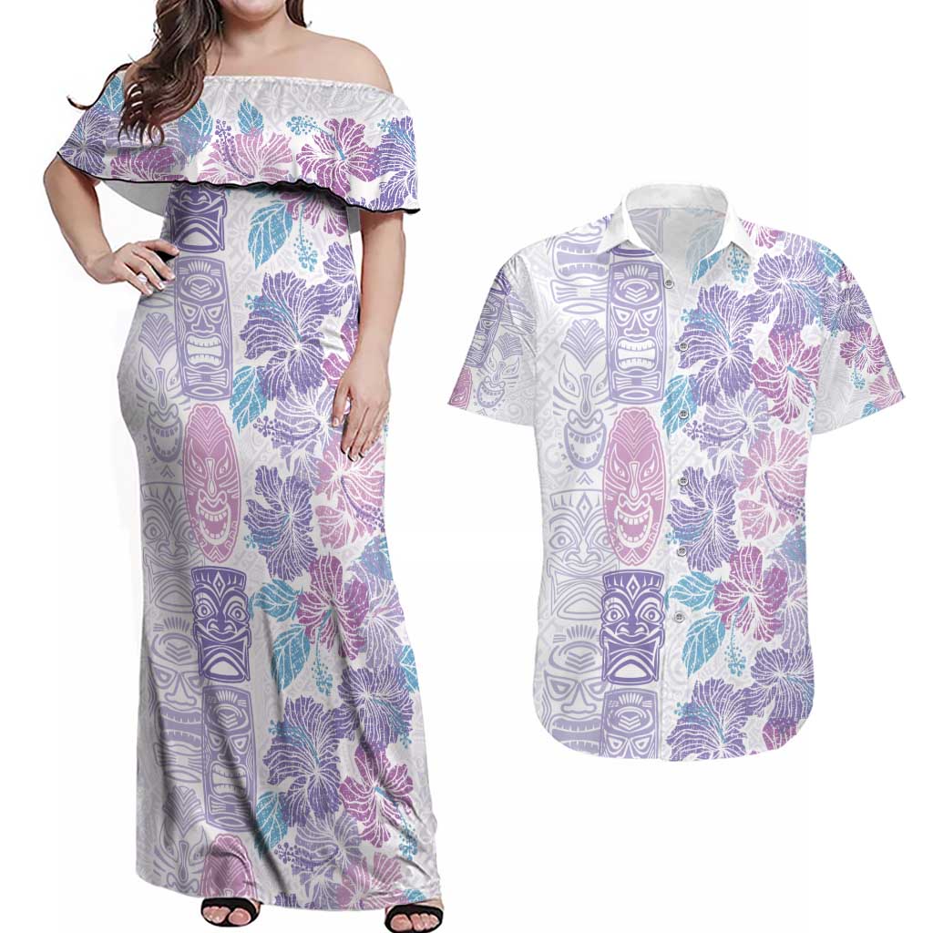 Christmas Aloha Hawaii Tiki Couples Matching Off Shoulder Maxi Dress and Hawaiian Shirt Hibiscus Winter Colors LT7 Lavender - Polynesian Pride