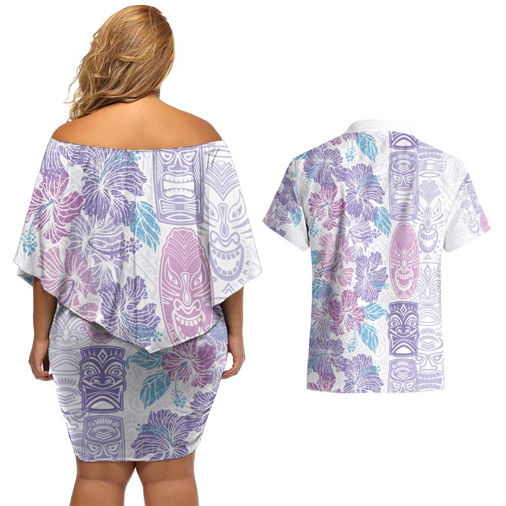 Christmas Aloha Hawaii Tiki Couples Matching Off Shoulder Short Dress and Hawaiian Shirt Hibiscus Winter Colors LT7 - Polynesian Pride
