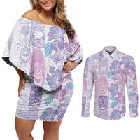Christmas Aloha Hawaii Tiki Couples Matching Off Shoulder Short Dress and Long Sleeve Button Shirt Hibiscus Winter Colors - Polynesian Pride