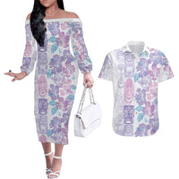 Christmas Aloha Hawaii Tiki Couples Matching Off The Shoulder Long Sleeve Dress and Hawaiian Shirt Hibiscus Winter Colors LT7 Lavender - Polynesian Pride