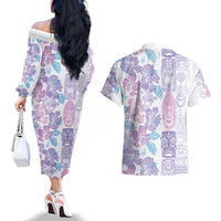 Christmas Aloha Hawaii Tiki Couples Matching Off The Shoulder Long Sleeve Dress and Hawaiian Shirt Hibiscus Winter Colors LT7 - Polynesian Pride