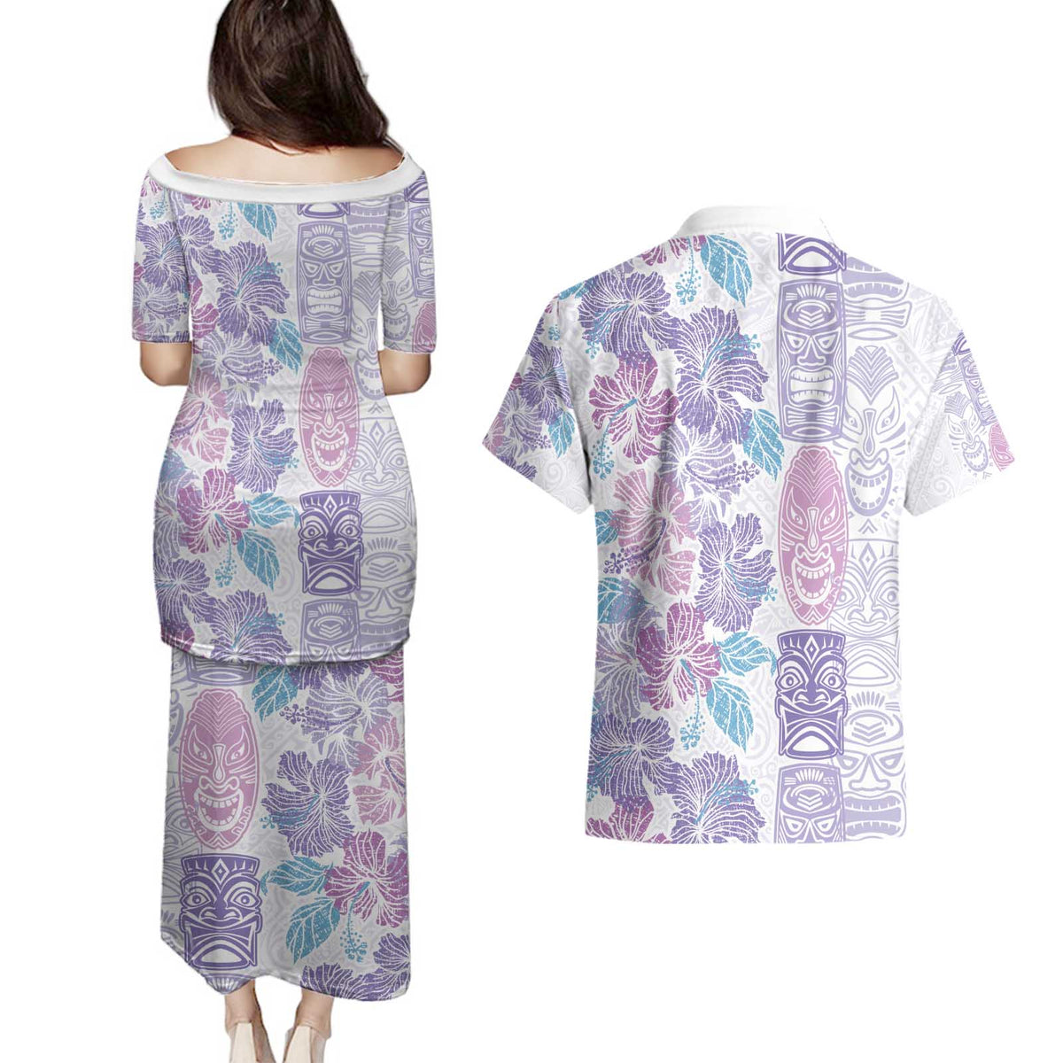Christmas Aloha Hawaii Tiki Couples Matching Puletasi and Hawaiian Shirt Hibiscus Winter Colors - Polynesian Pride