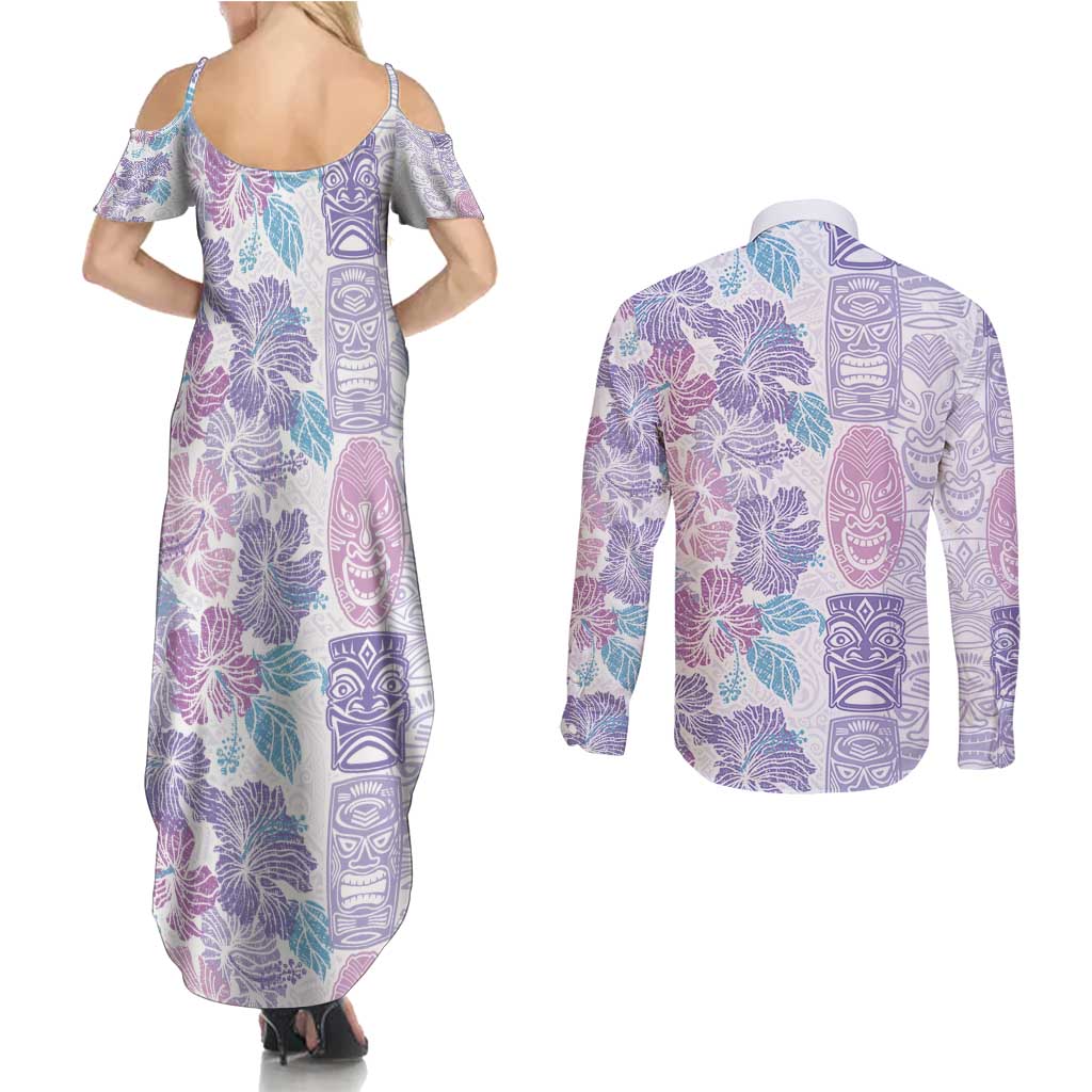 Christmas Aloha Hawaii Tiki Couples Matching Summer Maxi Dress and Long Sleeve Button Shirt Hibiscus Winter Colors - Polynesian Pride