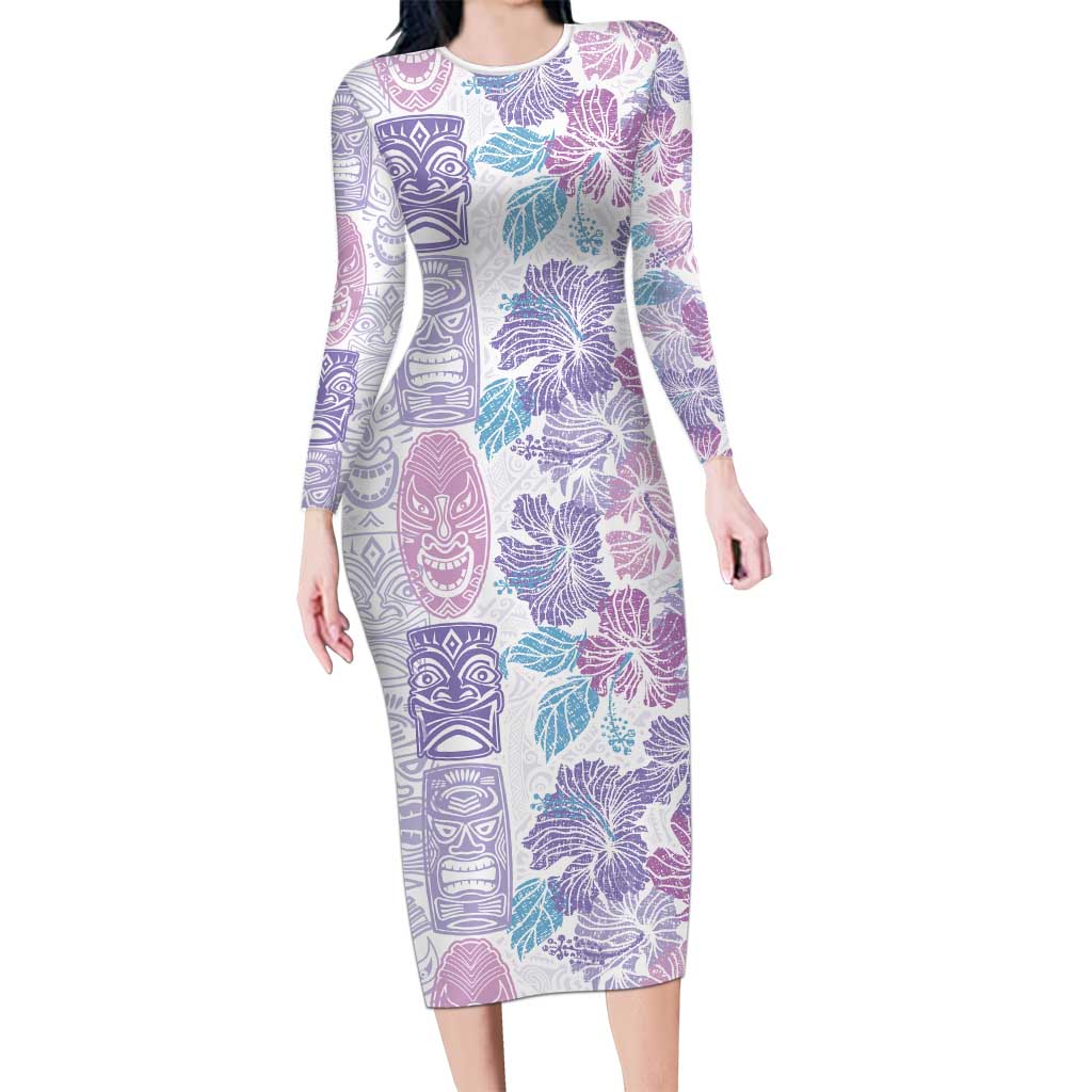 Christmas Aloha Hawaii Tiki Family Matching Long Sleeve Bodycon Dress and Hawaiian Shirt Hibiscus Winter Colors LT7 Mom's Dress Lavender - Polynesian Pride