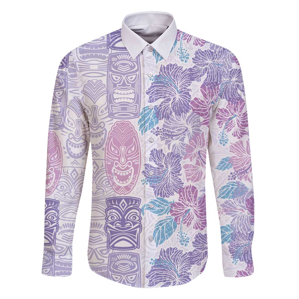 Christmas Aloha Hawaii Tiki Family Matching Mermaid Dress and Hawaiian Shirt Hibiscus Winter Colors LT7 Dad's Shirt - Long Sleeve Lavender - Polynesian Pride