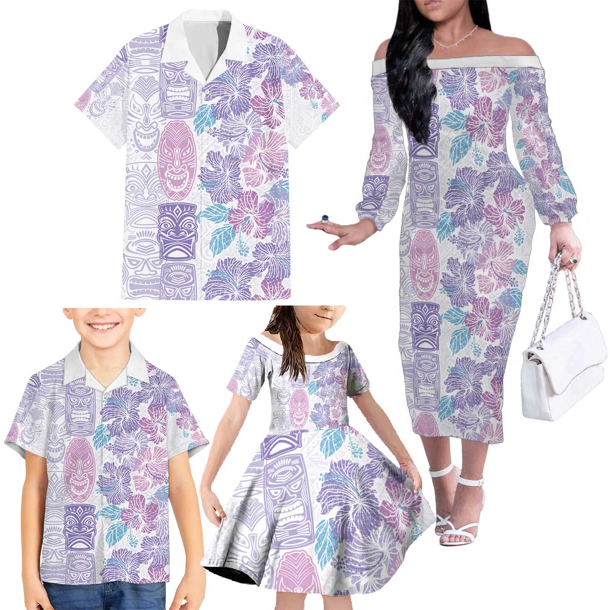 Christmas Aloha Hawaii Tiki Family Matching Off The Shoulder Long Sleeve Dress and Hawaiian Shirt Hibiscus Winter Colors LT7 - Polynesian Pride