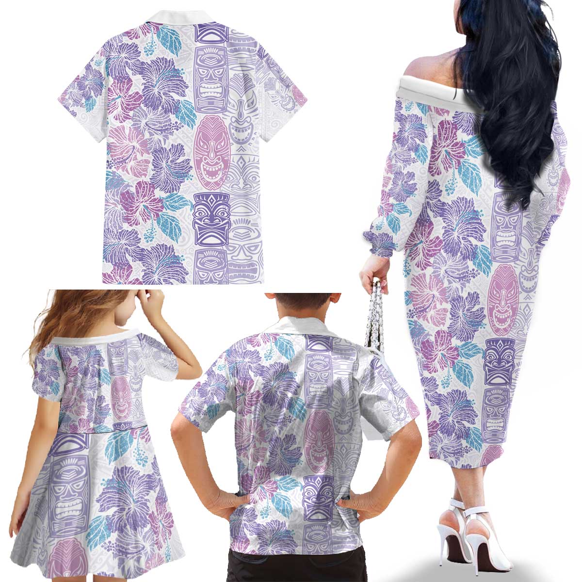 Christmas Aloha Hawaii Tiki Family Matching Off The Shoulder Long Sleeve Dress and Hawaiian Shirt Hibiscus Winter Colors LT7 - Polynesian Pride