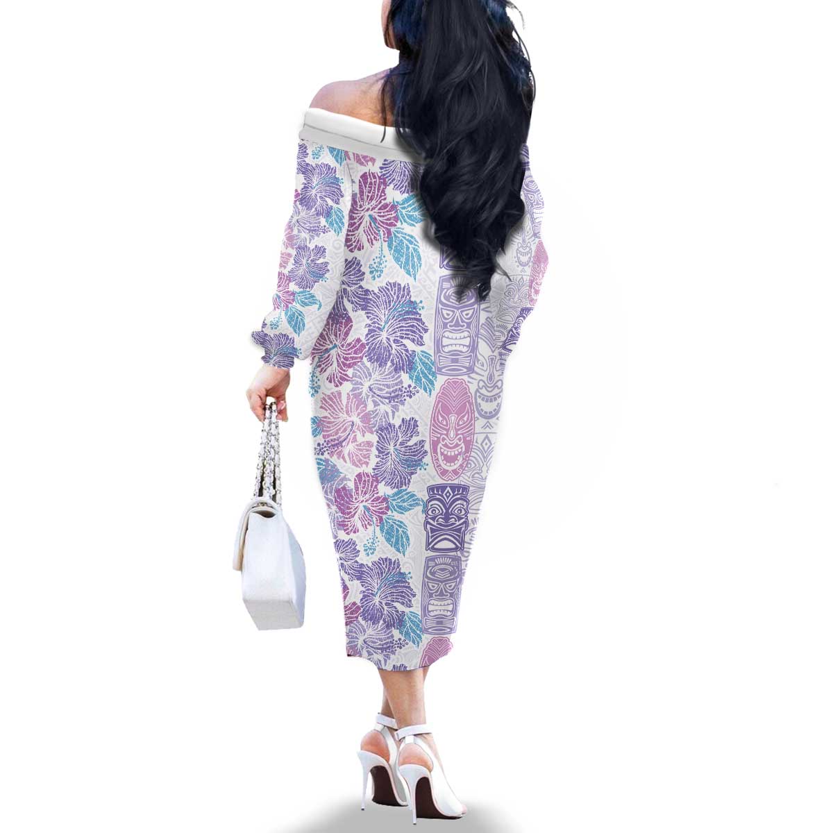 Christmas Aloha Hawaii Tiki Family Matching Off The Shoulder Long Sleeve Dress and Hawaiian Shirt Hibiscus Winter Colors LT7 - Polynesian Pride