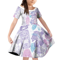 Christmas Aloha Hawaii Tiki Family Matching Off Shoulder Short Dress and Hawaiian Shirt Hibiscus Winter Colors LT7 Daughter's Dress Lavender - Polynesian Pride
