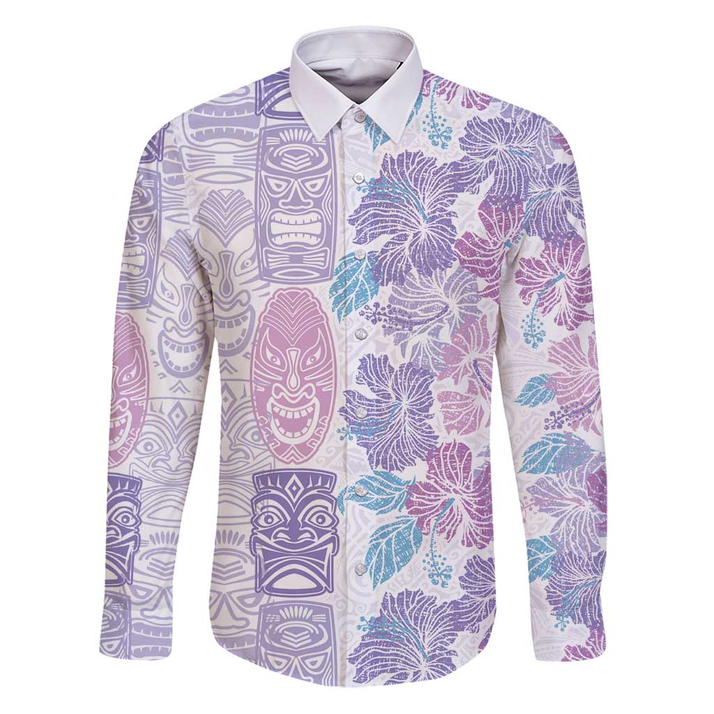 Christmas Aloha Hawaii Tiki Family Matching Puletasi and Hawaiian Shirt Hibiscus Winter Colors LT7 Dad's Shirt - Long Sleeve Lavender - Polynesian Pride