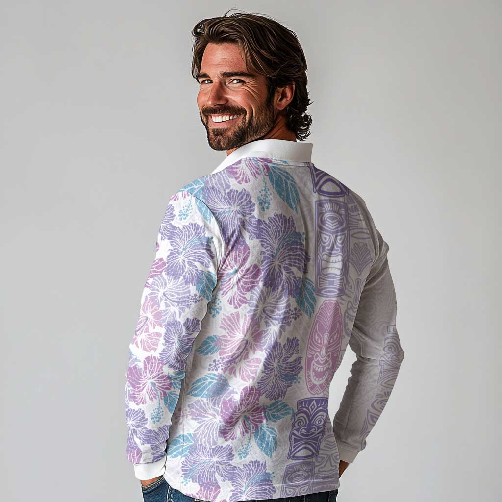 Christmas Aloha Hawaii Tiki Long Sleeve Polo Shirt Hibiscus Winter Colors - Polynesian Pride