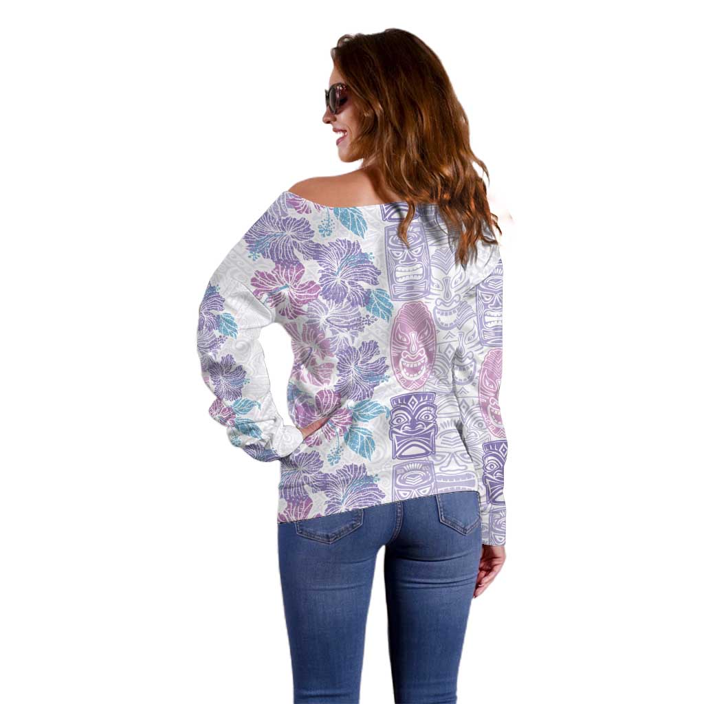 Christmas Aloha Hawaii Tiki Off Shoulder Sweater Hibiscus Winter Colors - Polynesian Pride