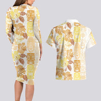 Christmas Aloha Hawaii Tiki Couples Matching Long Sleeve Bodycon Dress and Hawaiian Shirt Hibiscus Autumn Colors LT7 - Polynesian Pride
