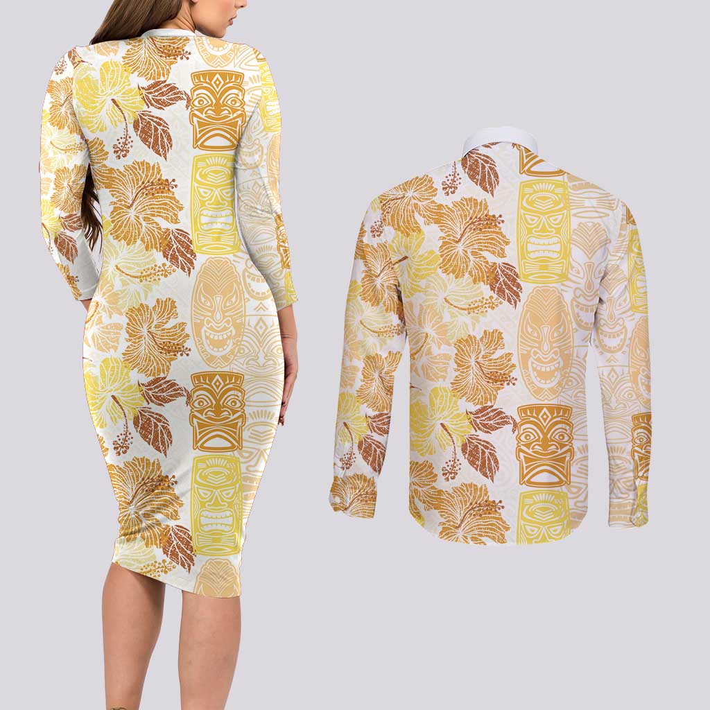Christmas Aloha Hawaii Tiki Couples Matching Long Sleeve Bodycon Dress and Long Sleeve Button Shirt Hibiscus Autumn Colors LT7 - Polynesian Pride