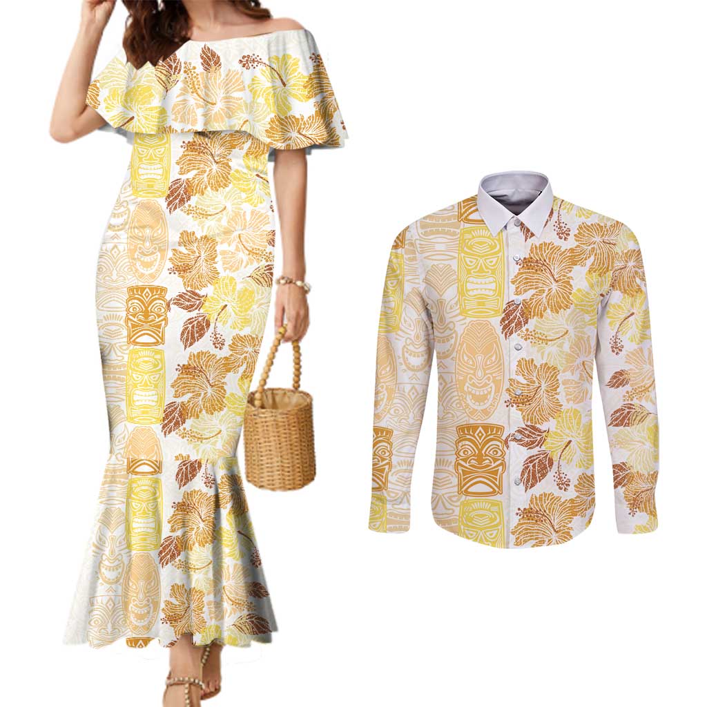 Christmas Aloha Hawaii Tiki Couples Matching Mermaid Dress and Long Sleeve Button Shirt Hibiscus Autumn Colors LT7 Yellow - Polynesian Pride
