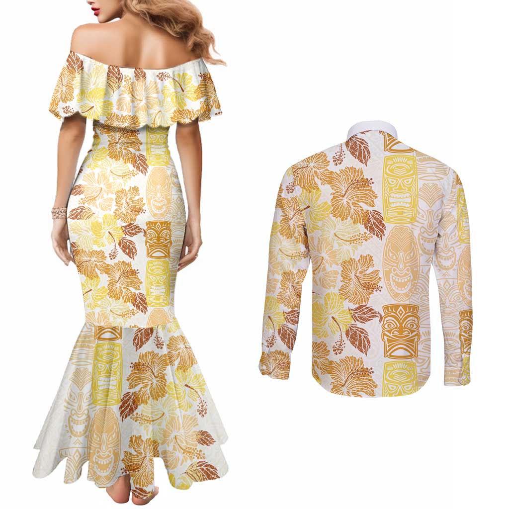 Christmas Aloha Hawaii Tiki Couples Matching Mermaid Dress and Long Sleeve Button Shirt Hibiscus Autumn Colors LT7 - Polynesian Pride
