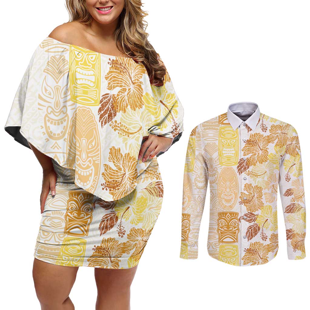 Christmas Aloha Hawaii Tiki Couples Matching Off Shoulder Short Dress and Long Sleeve Button Shirt Hibiscus Autumn Colors - Polynesian Pride