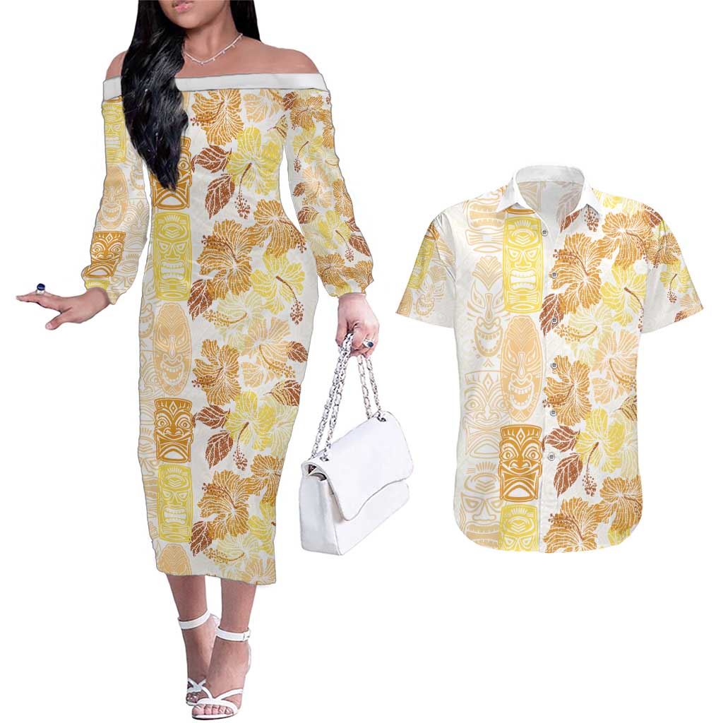 Christmas Aloha Hawaii Tiki Couples Matching Off The Shoulder Long Sleeve Dress and Hawaiian Shirt Hibiscus Autumn Colors LT7 Yellow - Polynesian Pride