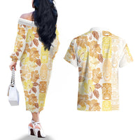 Christmas Aloha Hawaii Tiki Couples Matching Off The Shoulder Long Sleeve Dress and Hawaiian Shirt Hibiscus Autumn Colors LT7 - Polynesian Pride