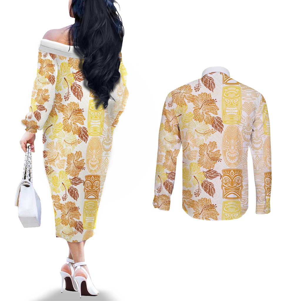 Christmas Aloha Hawaii Tiki Couples Matching Off The Shoulder Long Sleeve Dress and Long Sleeve Button Shirt Hibiscus Autumn Colors LT7 - Polynesian Pride