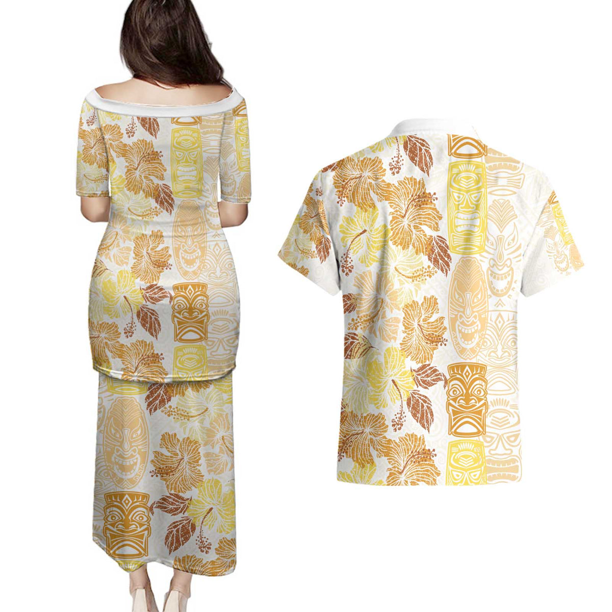 Christmas Aloha Hawaii Tiki Couples Matching Puletasi and Hawaiian Shirt Hibiscus Autumn Colors - Polynesian Pride