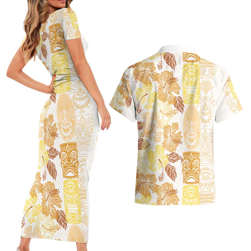 Christmas Aloha Hawaii Tiki Couples Matching Short Sleeve Bodycon Dress and Hawaiian Shirt Hibiscus Autumn Colors LT7 - Polynesian Pride