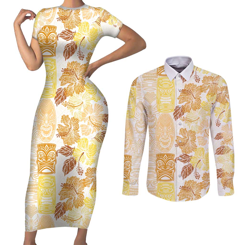 Christmas Aloha Hawaii Tiki Couples Matching Short Sleeve Bodycon Dress and Long Sleeve Button Shirt Hibiscus Autumn Colors LT7 Yellow - Polynesian Pride