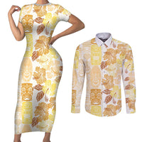 Christmas Aloha Hawaii Tiki Couples Matching Short Sleeve Bodycon Dress and Long Sleeve Button Shirt Hibiscus Autumn Colors LT7 Yellow - Polynesian Pride