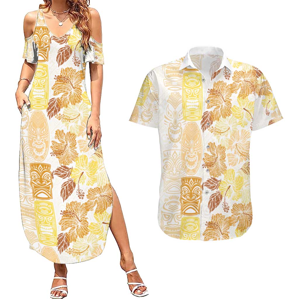 Christmas Aloha Hawaii Tiki Couples Matching Summer Maxi Dress and Hawaiian Shirt Hibiscus Autumn Colors LT7 Yellow - Polynesian Pride