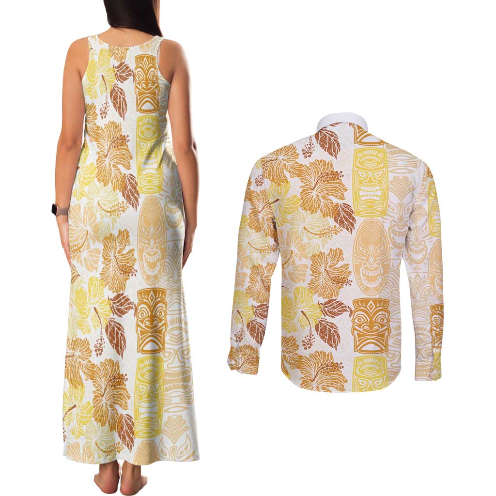 Christmas Aloha Hawaii Tiki Couples Matching Tank Maxi Dress and Long Sleeve Button Shirt Hibiscus Autumn Colors - Polynesian Pride