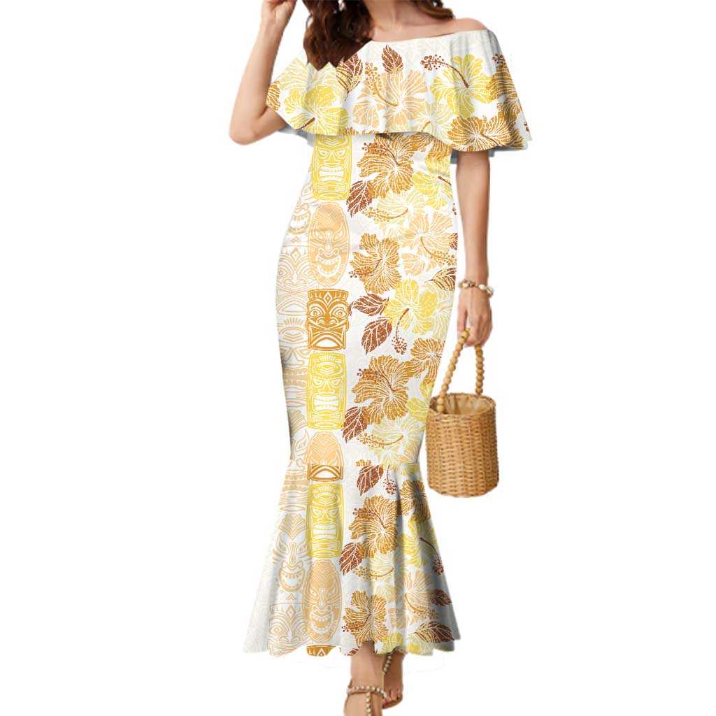 Christmas Aloha Hawaii Tiki Family Matching Mermaid Dress and Hawaiian Shirt Hibiscus Autumn Colors LT7 Mom's Dress Yellow - Polynesian Pride