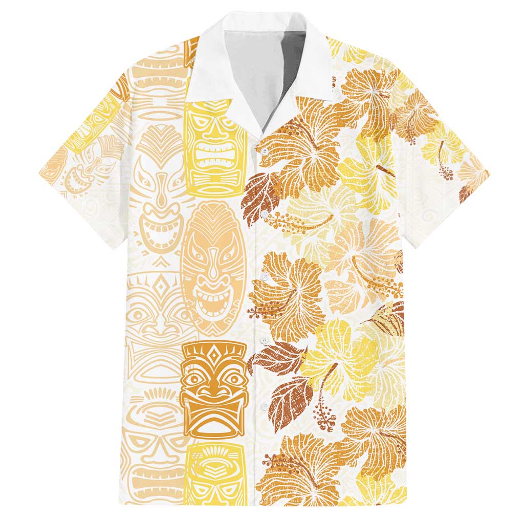 Christmas Aloha Hawaii Tiki Family Matching Off Shoulder Maxi Dress and Hawaiian Shirt Hibiscus Autumn Colors LT7 Dad's Shirt - Short Sleeve Yellow - Polynesian Pride