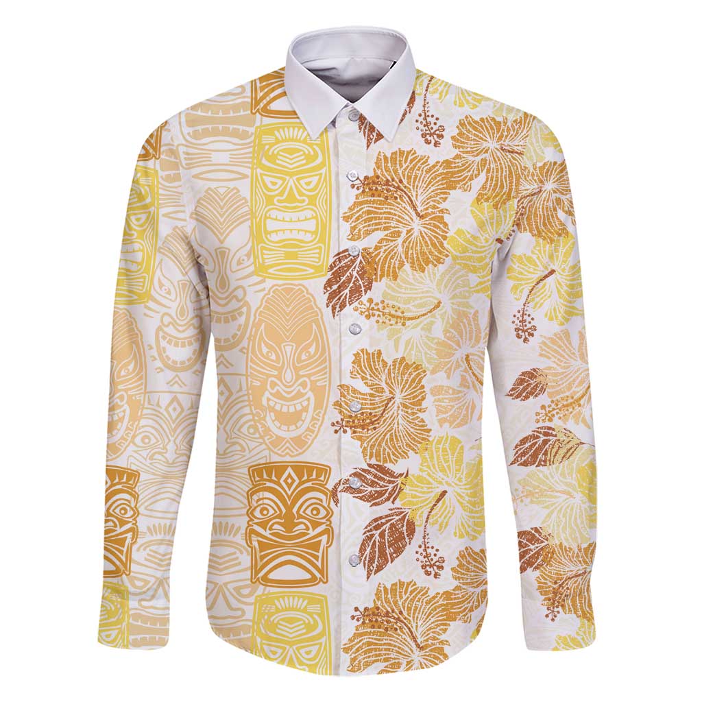 Christmas Aloha Hawaii Tiki Family Matching Off Shoulder Maxi Dress and Hawaiian Shirt Hibiscus Autumn Colors LT7 Dad's Shirt - Long Sleeve Yellow - Polynesian Pride