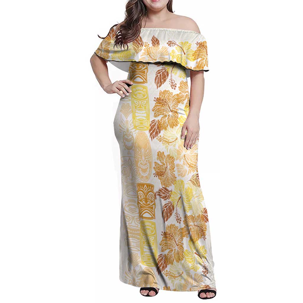 Christmas Aloha Hawaii Tiki Family Matching Off Shoulder Maxi Dress and Hawaiian Shirt Hibiscus Autumn Colors LT7 Mom's Dress Yellow - Polynesian Pride